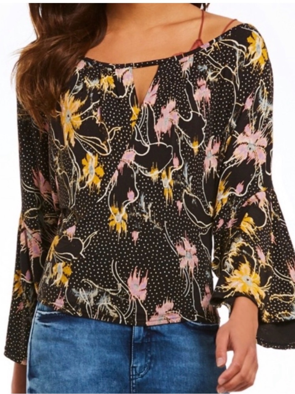 Free People Black Floral Keyhole Flowy Blouse Pink & Yellow Accents Size XS - Picture 7 of 7